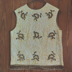 Vintage Sammy Wong beaded sequin shell tank cocktail fringe floral back zip top